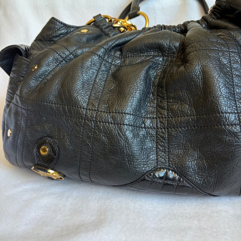 Bolzano Black Pebbled Leather Satchel Bag Gold Hardware Croc Trim Shoulder Bag - Picture 4 of 8